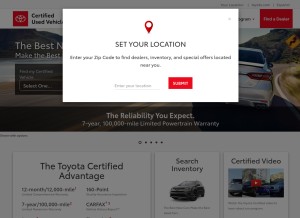 How toyotacertified.com looks like on a tablet such as an iPad.