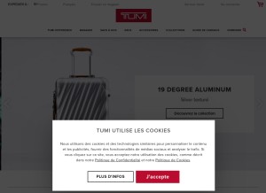 How tumi.com looks like on a tablet such as an iPad.