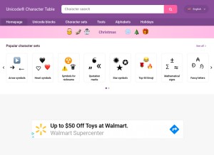 How unicode-table.com looks like on a tablet such as an iPad.