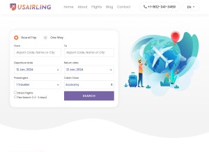 How usairling.com looks like on a tablet such as an iPad.