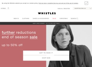 How whistles.com looks like on a tablet such as an iPad.