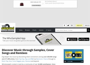 How whosampled.com looks like on a tablet such as an iPad.