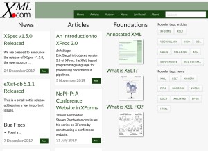 How xml.com looks like on a tablet such as an iPad.