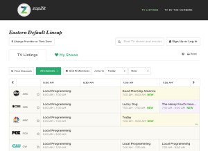 How zap2it.com looks like on a tablet such as an iPad.